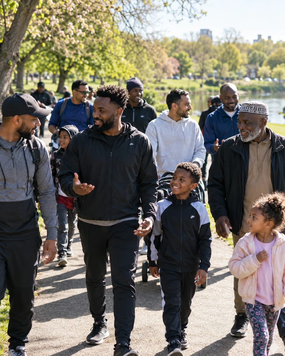 Men, fathers and children walking together through a sunny park