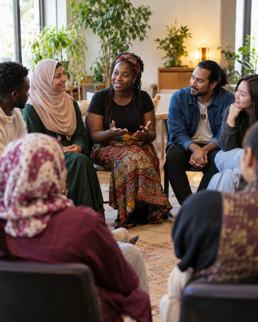 A community group in discussion, seated in a circle in a warm room